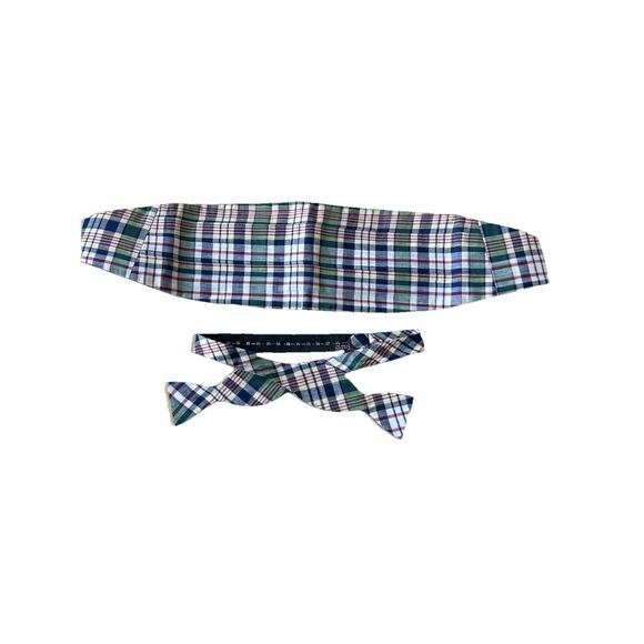 VTG Plaid Bowtie Cummerbund Green blue Yellow Preppy 80s Prom Meunch - Picture 6 of 7